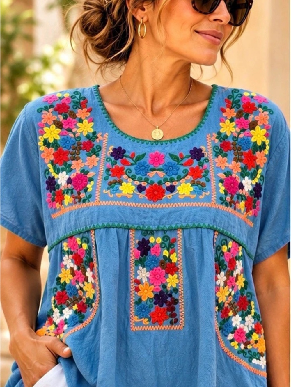 YZXDORWJ XXL Blue Floral Embroidered Boho Blouse Tunic Top